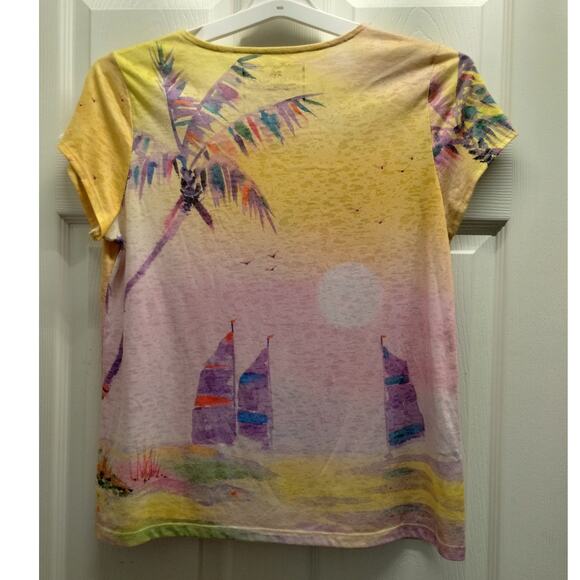 Ellen Negley Women's Size Large Art-To-Wear Tropical Beach Embellished T-Shirt - Picture 2 of 6